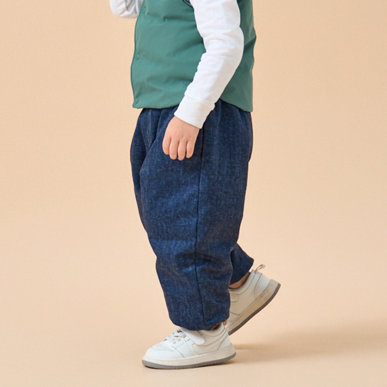 Premium White Duck Down Denim Puffer Pants - close-up view