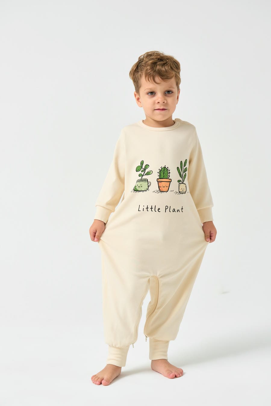 Double Layer Super Soft TENCEL Modal & Organic Cotton Footie Crotch Zipper Pajama - Little Plant - detail view