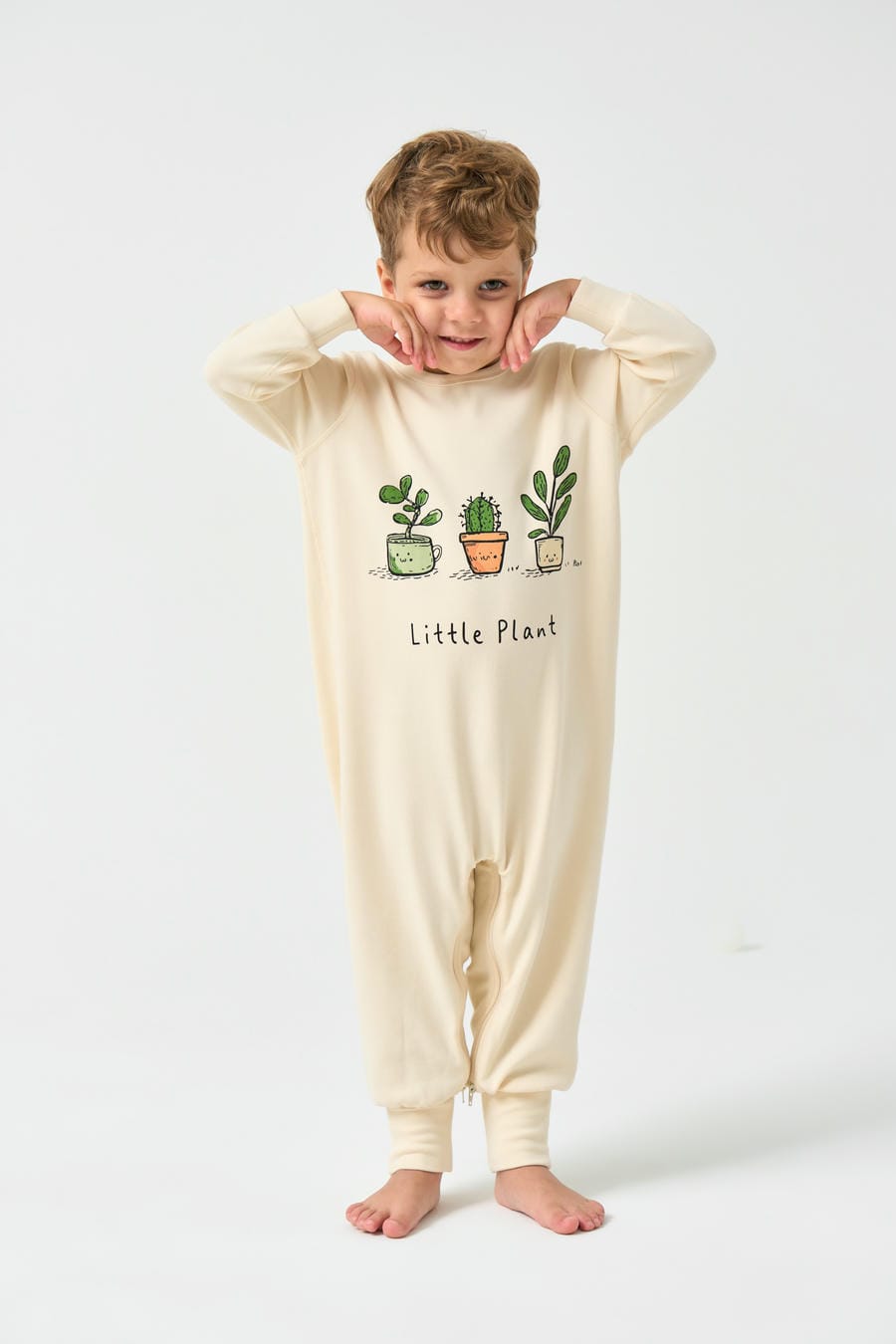 Double Layer Super Soft TENCEL Modal & Organic Cotton Footie Crotch Zipper Pajama - Little Plant - close-up view