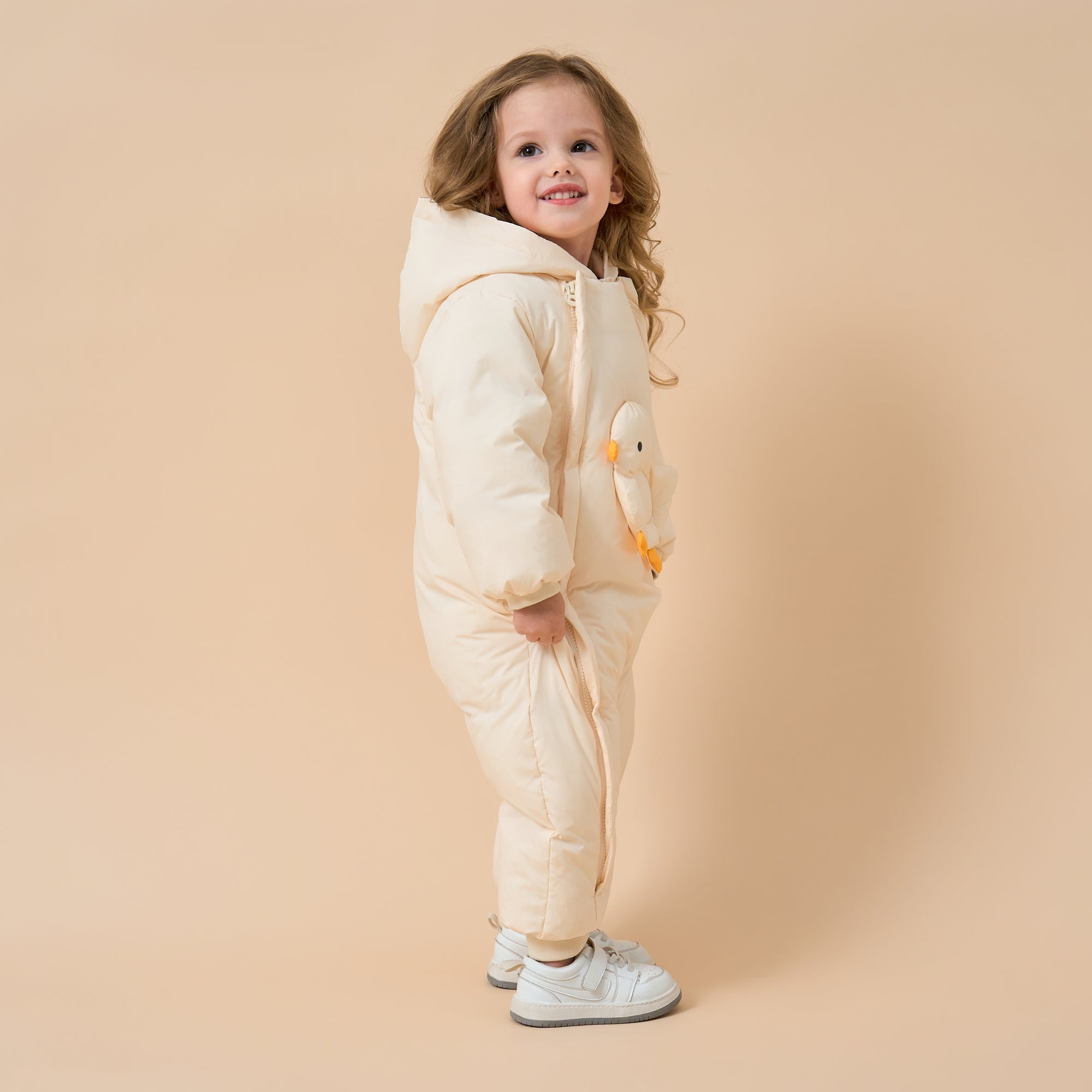 Premium White Muscovy Duck Down Dual Zipper Snowsuit- White Duckling - detail view