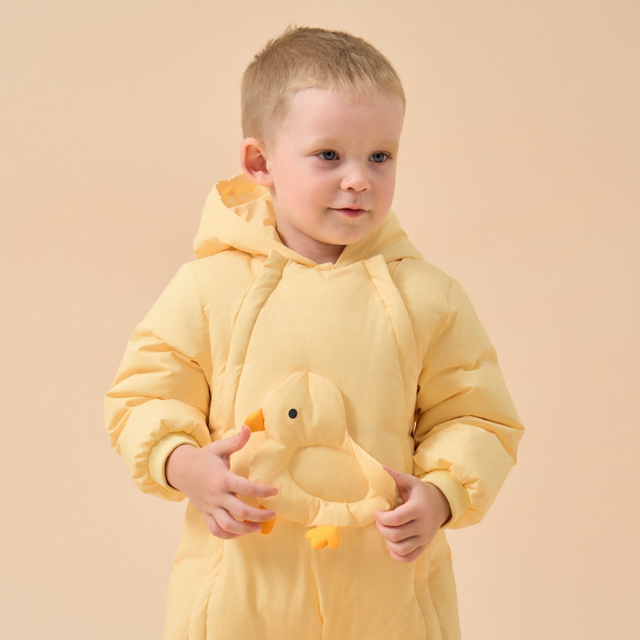 Premium White Muscovy Duck Down Dual Zipper Snowsuit- Yellow Duckling - detail view