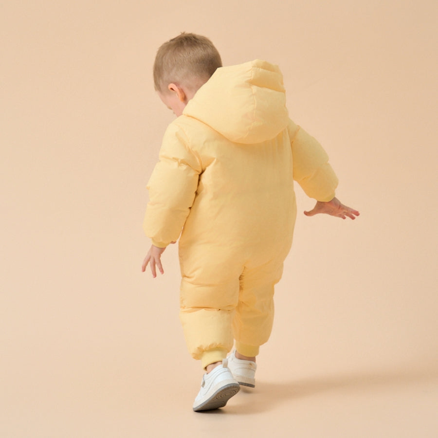 Premium White Muscovy Duck Down Dual Zipper Snowsuit- Yellow Duckling - lifestyle view