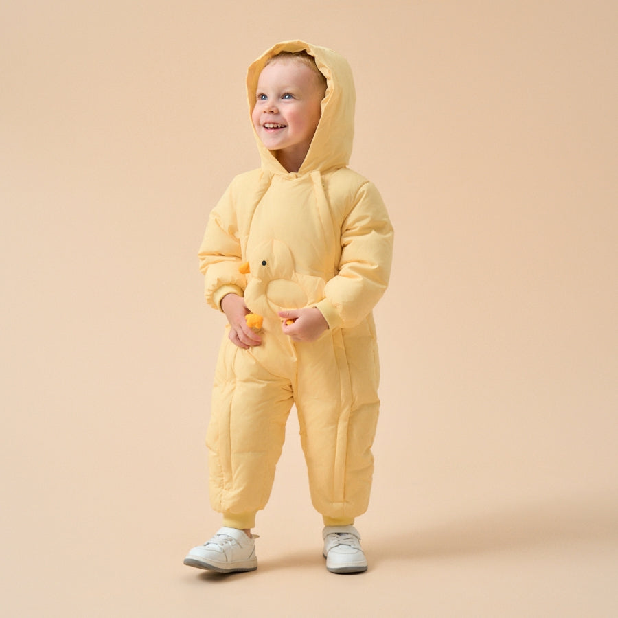 Premium White Muscovy Duck Down Dual Zipper Snowsuit- Yellow Duckling - back view