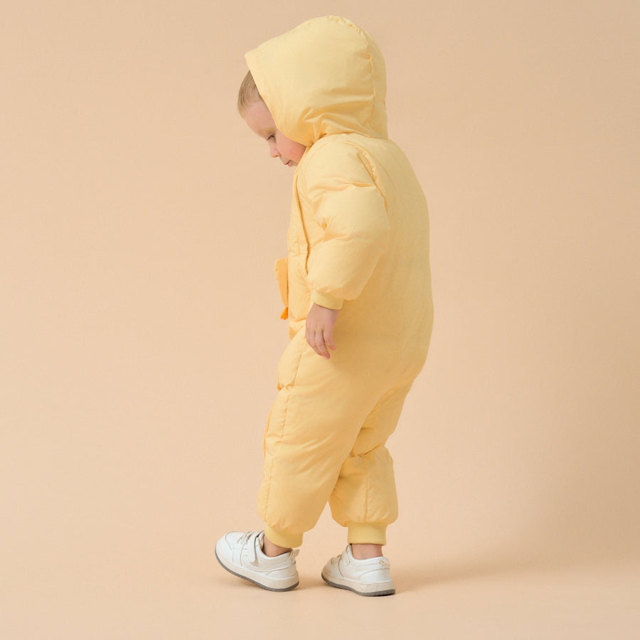Premium White Muscovy Duck Down Dual Zipper Snowsuit- Yellow Duckling - close-up view