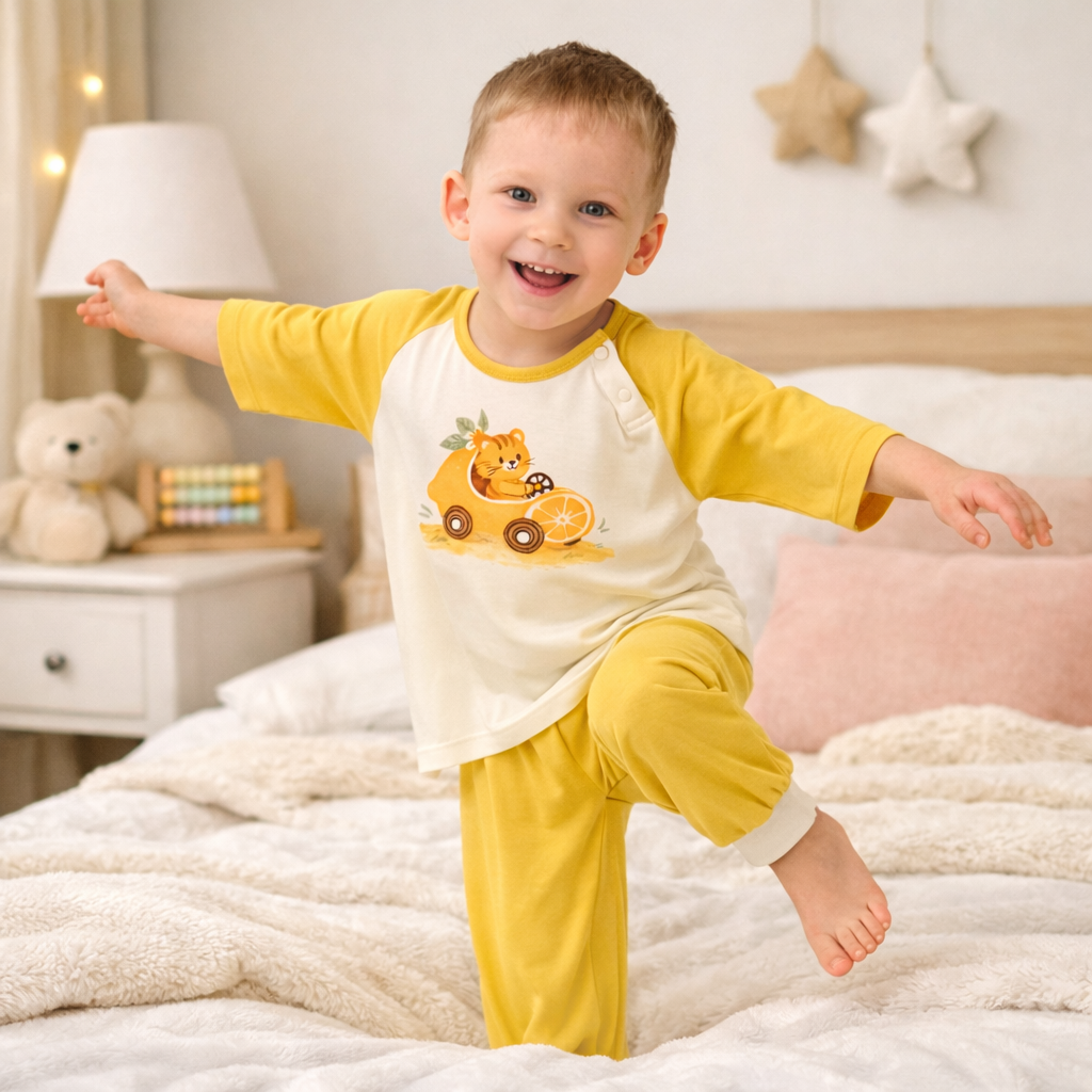Little Plant Kids Modal Sleepwear Set Soft Pajamas Outfit -Yellow - detail view