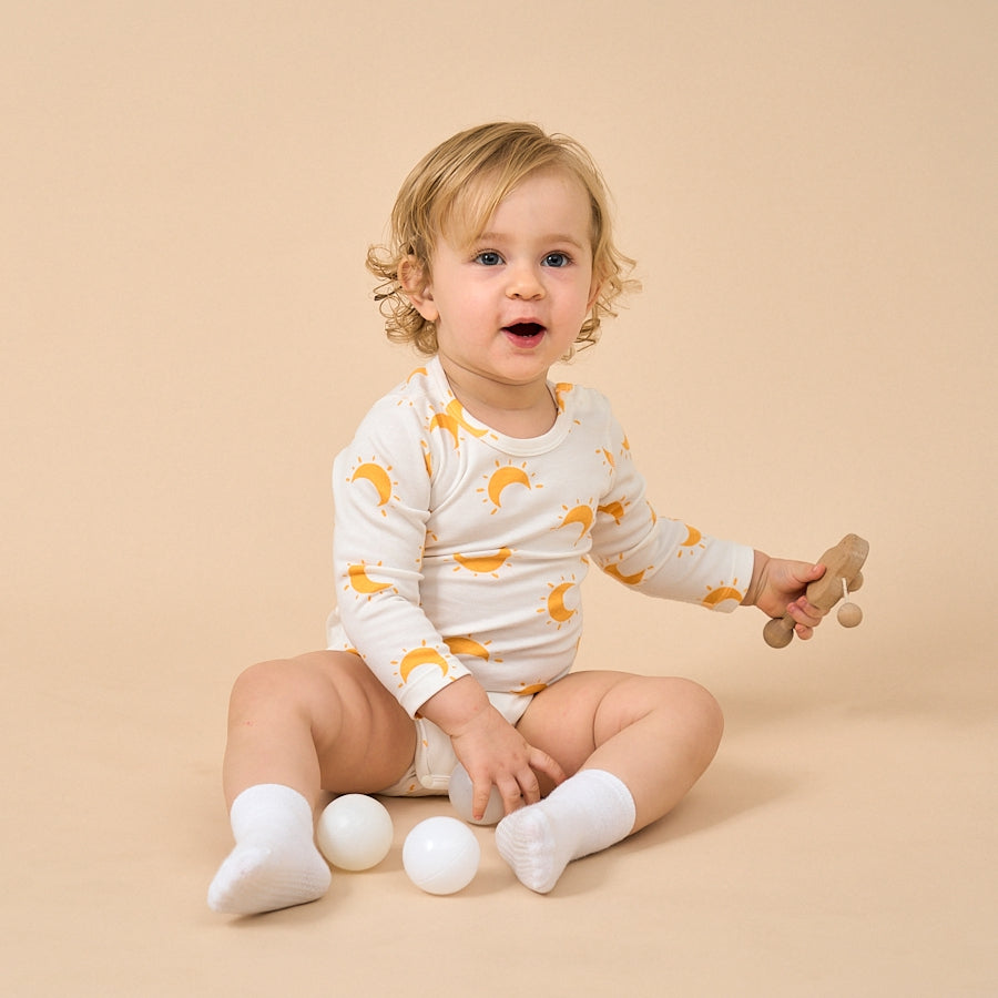 Super Soft TENCEL Modal & Organic Cotton Bodysuit Long Sleeve - Yellow Moon - lifestyle view