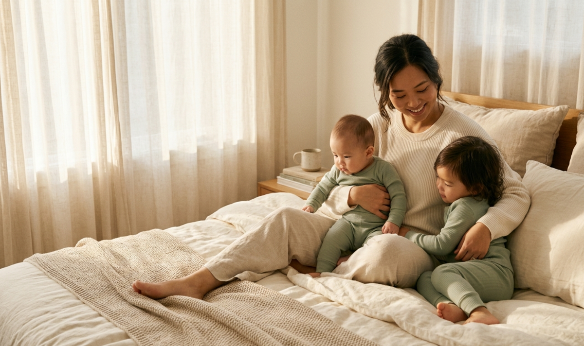 Mia with her kids on the bed